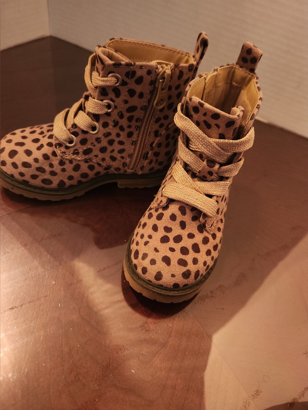 Kids Leopard Print Tan Ankle Boots - Cute Spot Pattern - Size 6